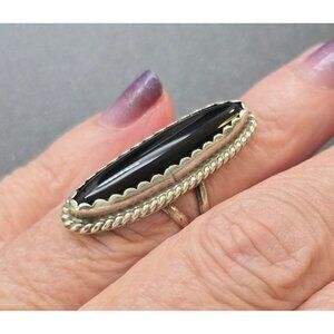Vintage Black Onyx Ring Long Marquise Sterling Silver Statement Size 6.25 HS312